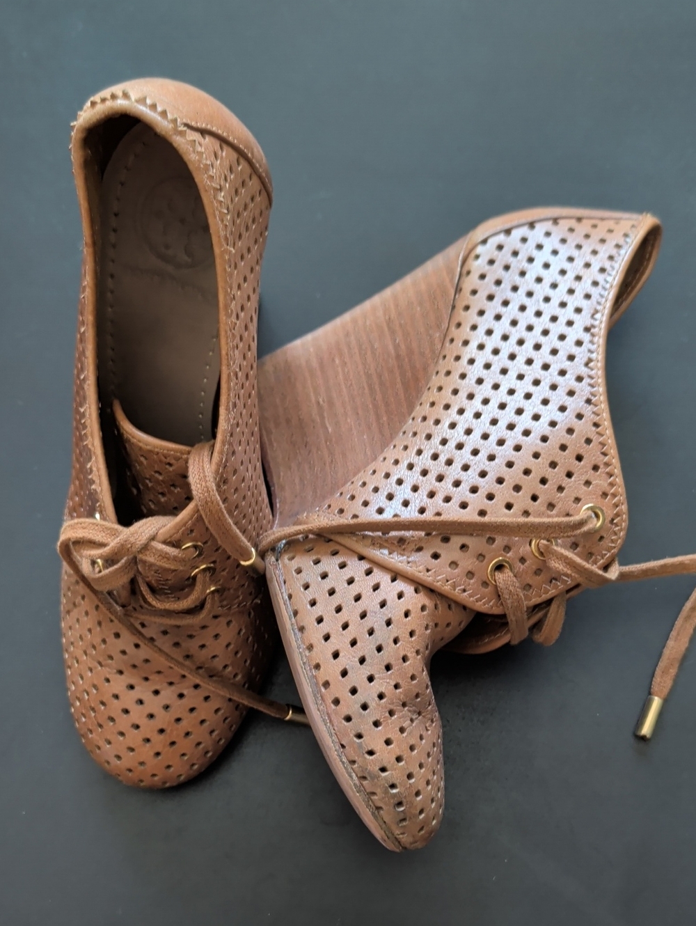 Tory Burch Perforated Lace-Up Brown Women's Wedge Booties